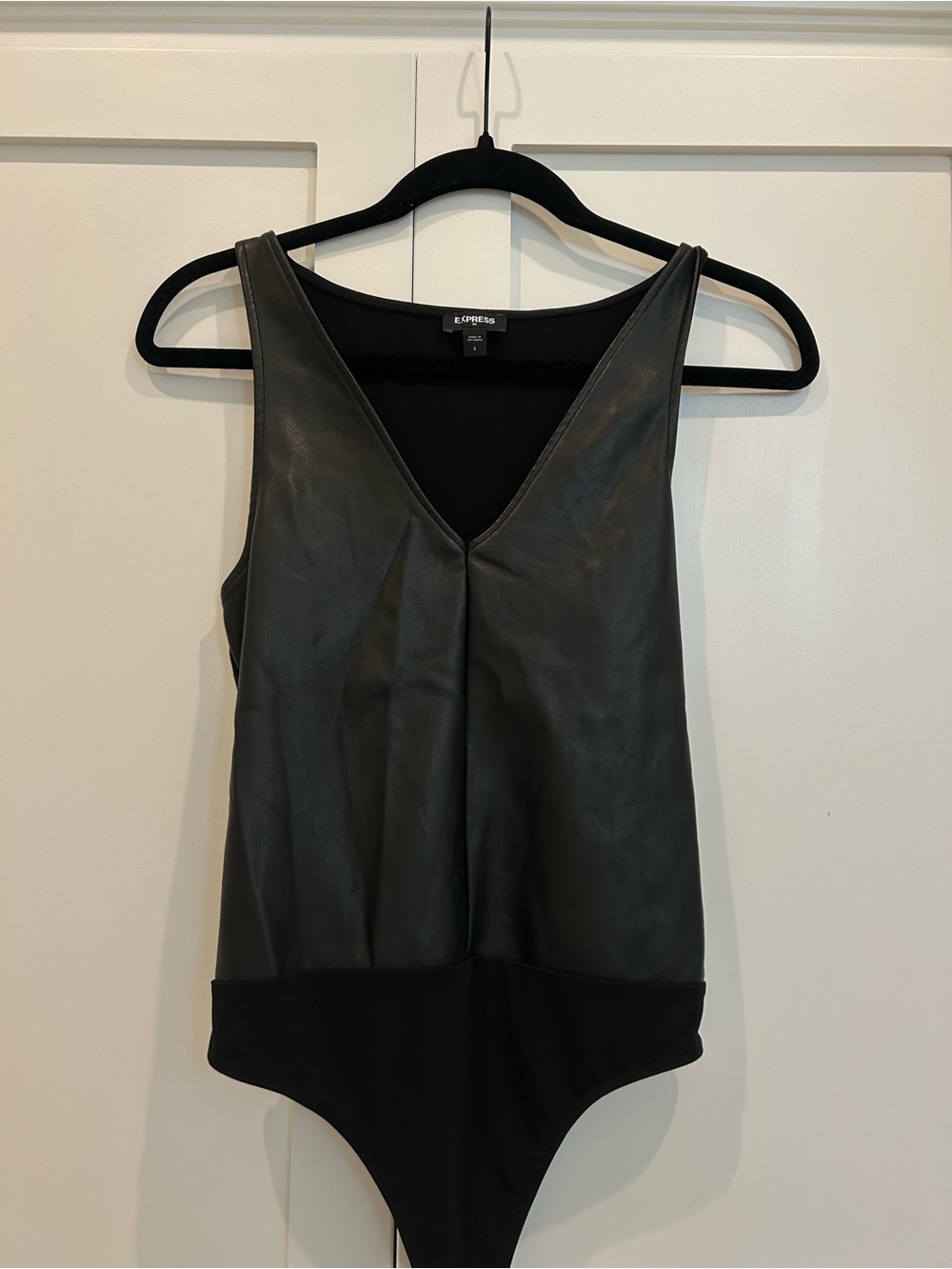 Express Black Faux-Leather V-Neck Bodysuit